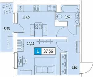 Однокомнатная квартира 37.56 м²