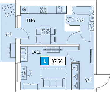 Однокомнатная квартира 37.56 м²