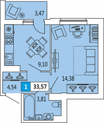 Однокомнатная квартира 33.57 м²