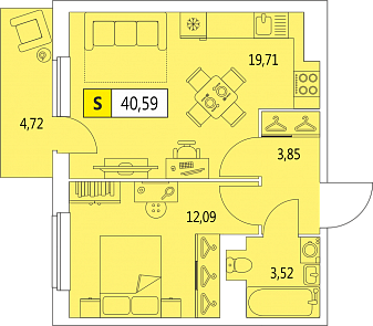 Двухкомнатная квартира (Евро) 40.59 м²
