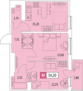 Трёхкомнатная квартира (Евро) 54.2 м²